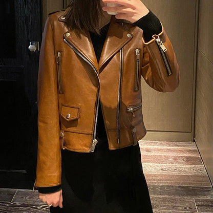 Women’s Brown Sheepskin Moto Leather Jacket