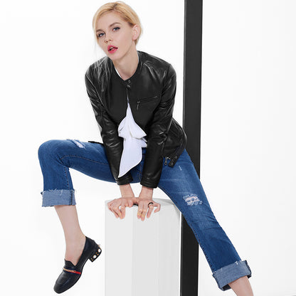 Korean slim fit cropped sheepskin leather jacket