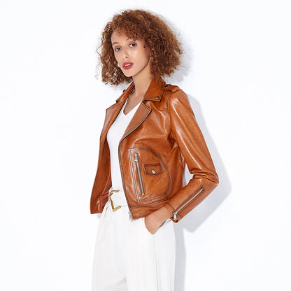 Women slim fit brown leather biker jacket