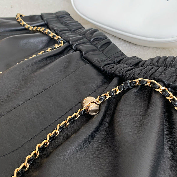 Genuine sheepskin wide leg women leather shorts