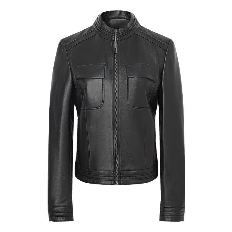 Black slim fit leather jacket women