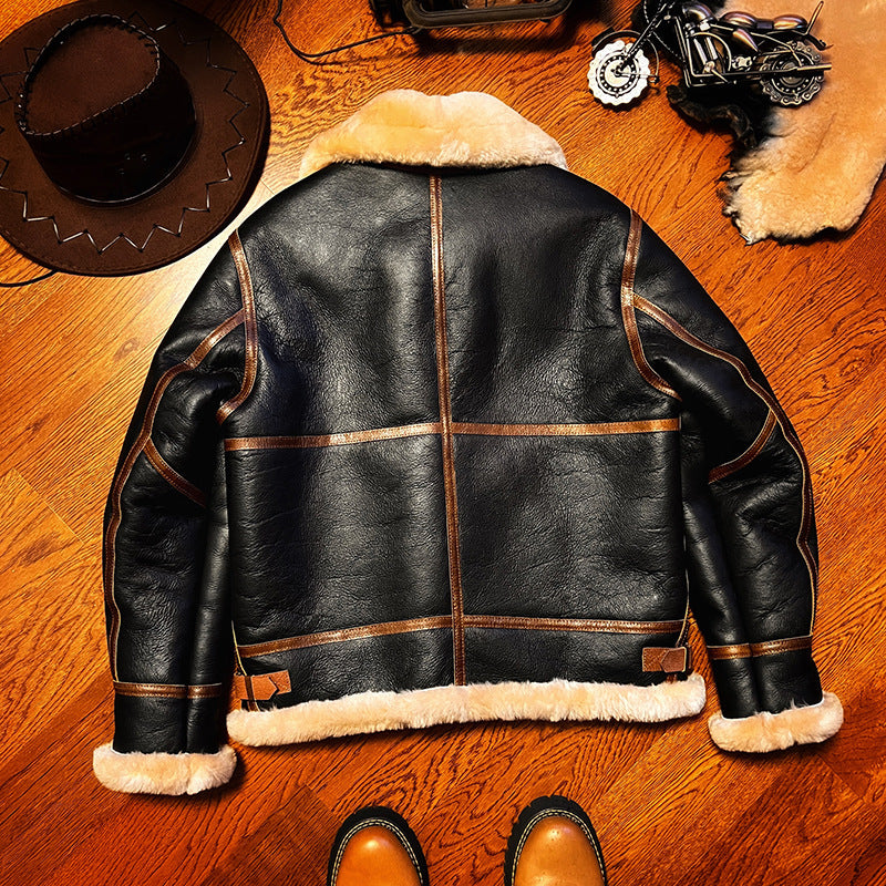 Black shearling leather aviator jacket men
