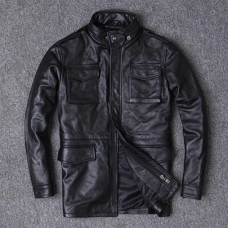 Hunting mid length leather jacket men