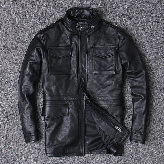 Hunting mid length leather jacket men