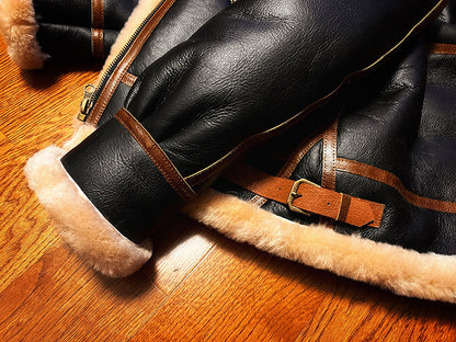 Black shearling leather aviator jacket men