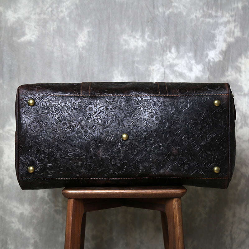 Leather weekender duffle bag with shoe compartment