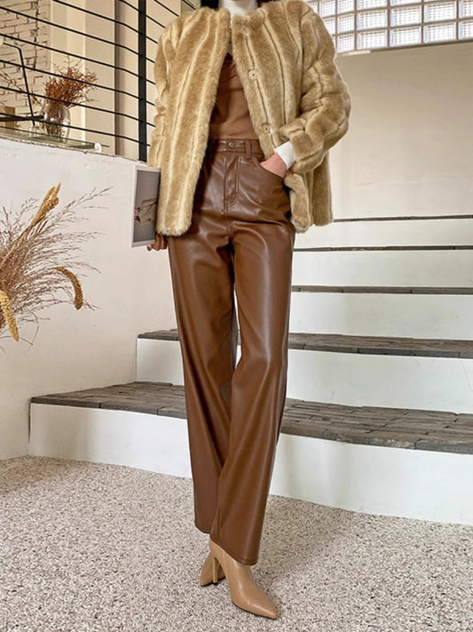 High waisted faux leather straight leg pants