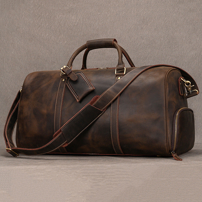 Leather weekender duffle bag with shoe compartment