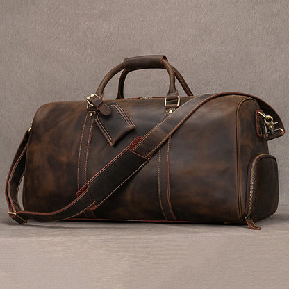 Leather weekender duffle bag with shoe compartment