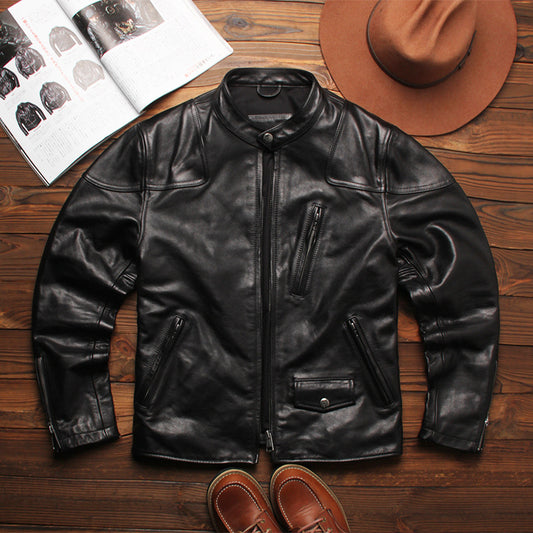 American retro black cowhide leather jacket