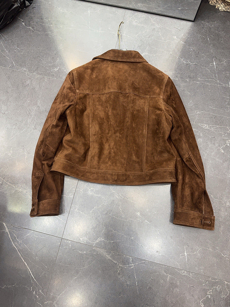 Women's olive goatskin suede pocket jacket