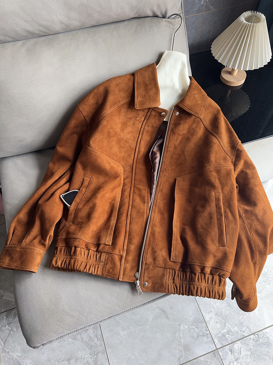 Retro brown goatskin suede lapel jacket