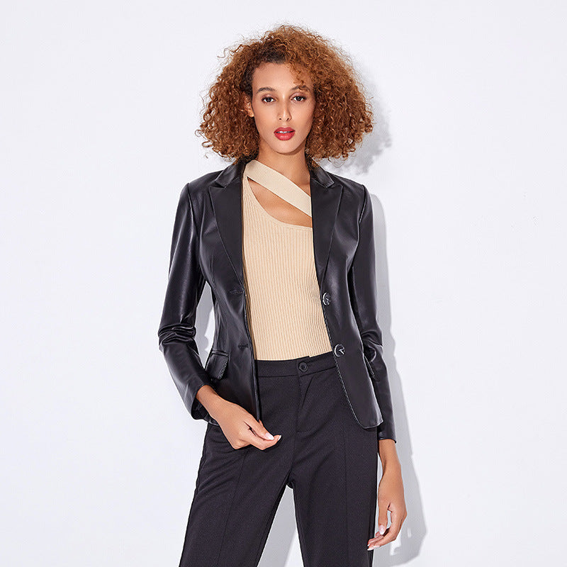 Slim fit genuine leather jacket for women