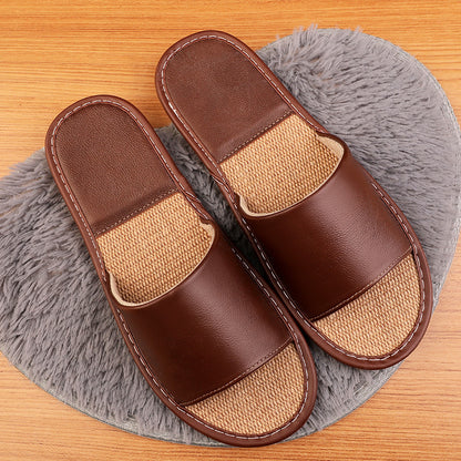Women's Leather Slippers with Breathable Linen Insole for Indoor Wear