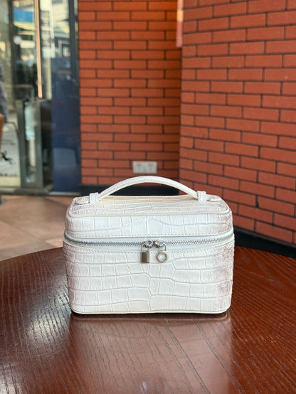 Leather Toiletry Bag in White Embossed Cowhide