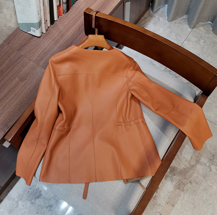 Women round neck sheepskin leather blazer jacket