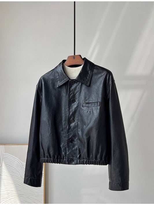 Leather short jacket women sheepskin coat