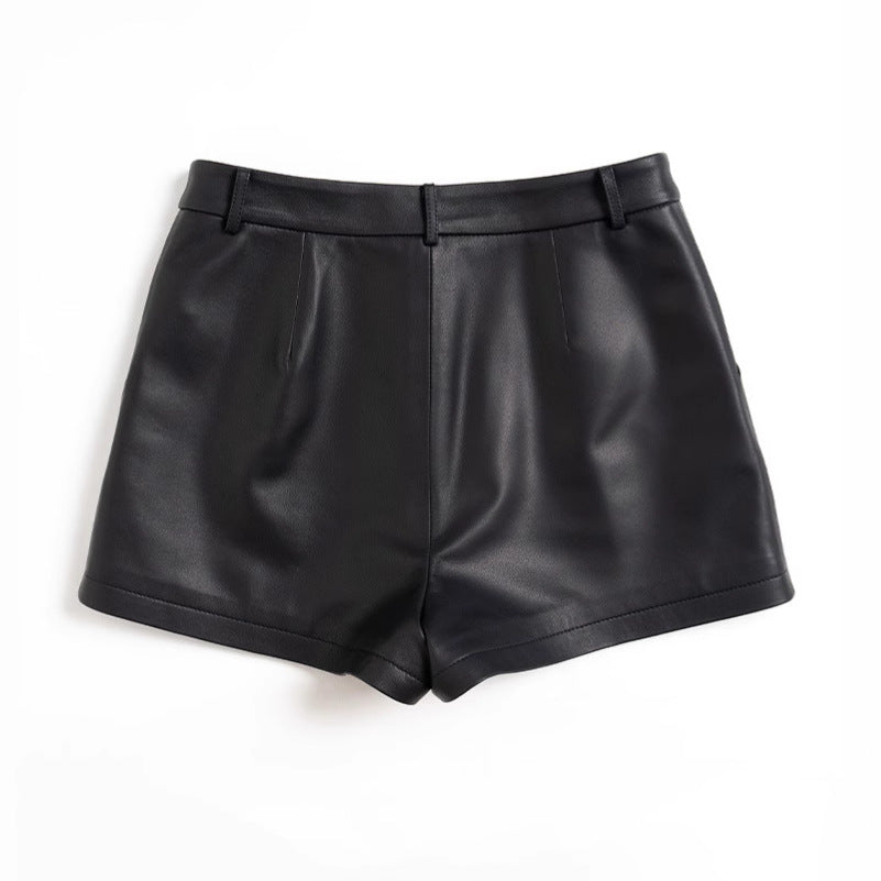Genuine sheepskin high waist leather shorts for women
