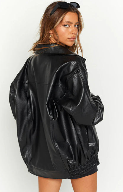 Women's Oversized Black Faux Leather Bomber Jacket