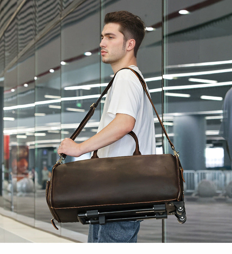 Leather trolley duffle bag for men travel