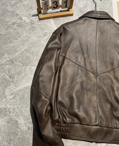 Women Oversized Brown Leather Moto Jacket