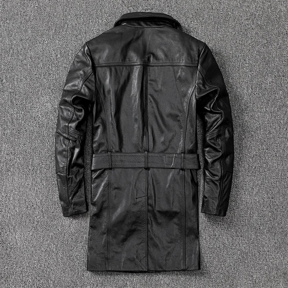 Men mid-length leather trench coat jacket
