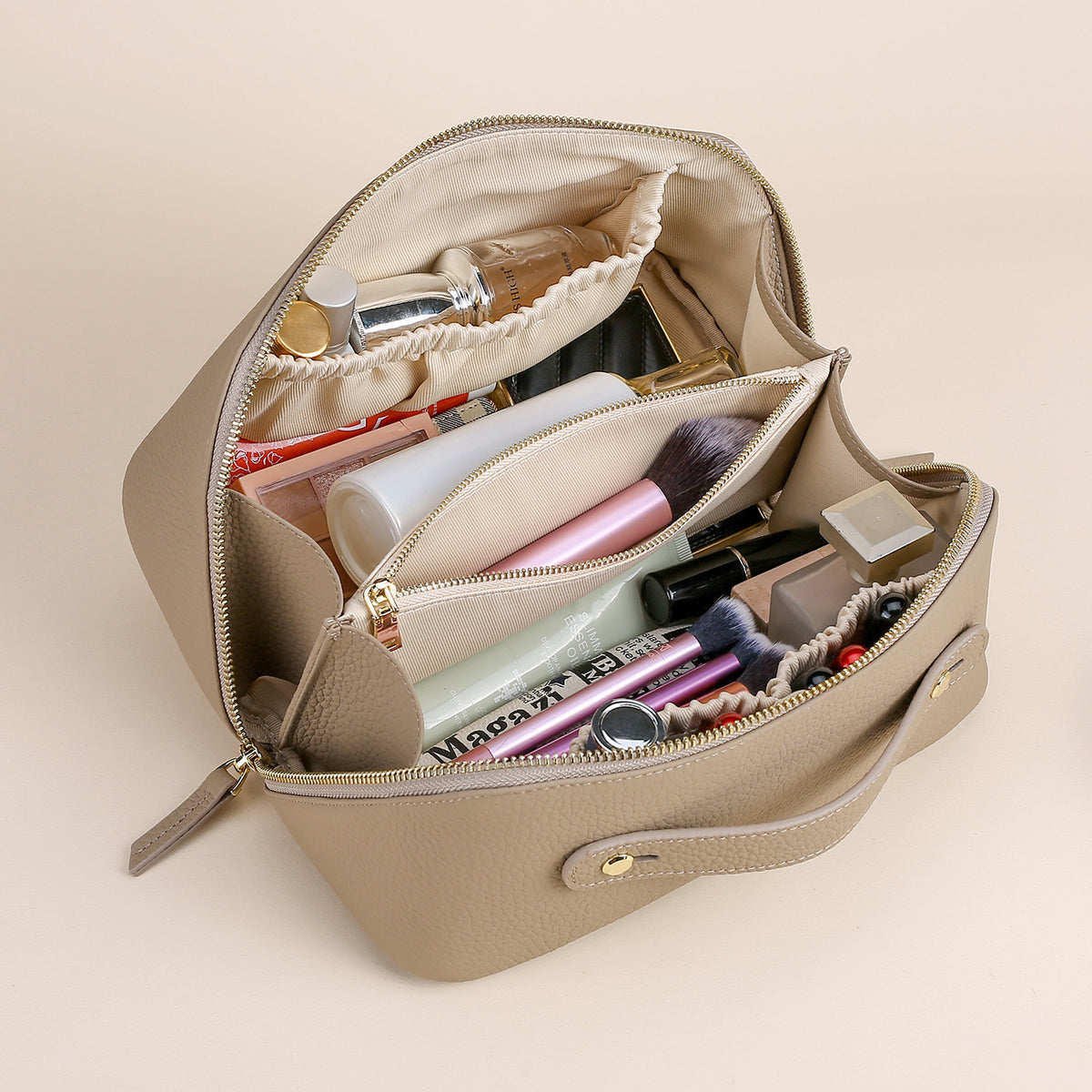 Women's Leather Toiletry Bag with Divided Cosmetic Organizer