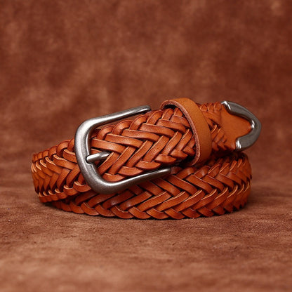 Womens Woven Belt in Top-Grain Leather with Pin Buckle