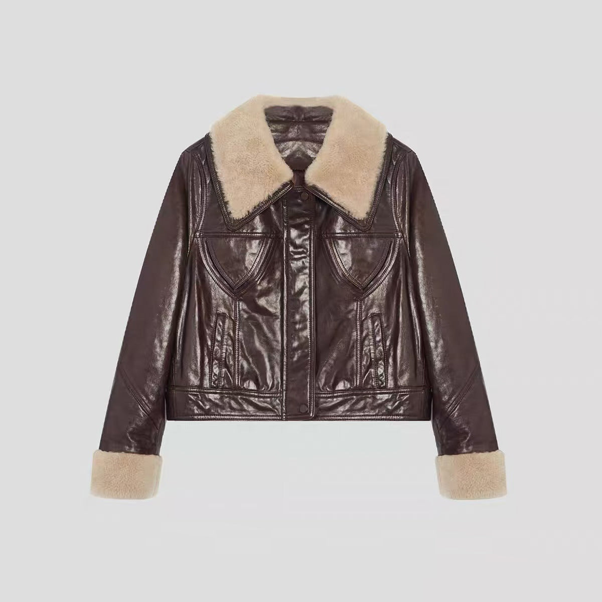 Women shearling collar oil-waxed down leather jacket