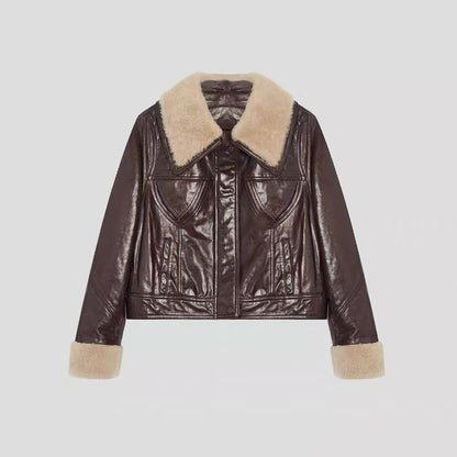 Women shearling collar oil-waxed down leather jacket