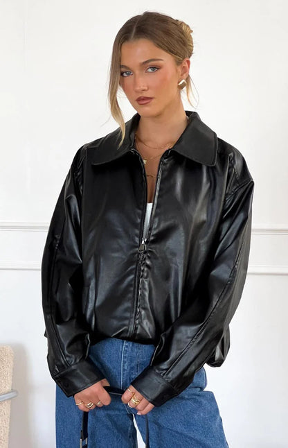 Women's Oversized Black Faux Leather Bomber Jacket