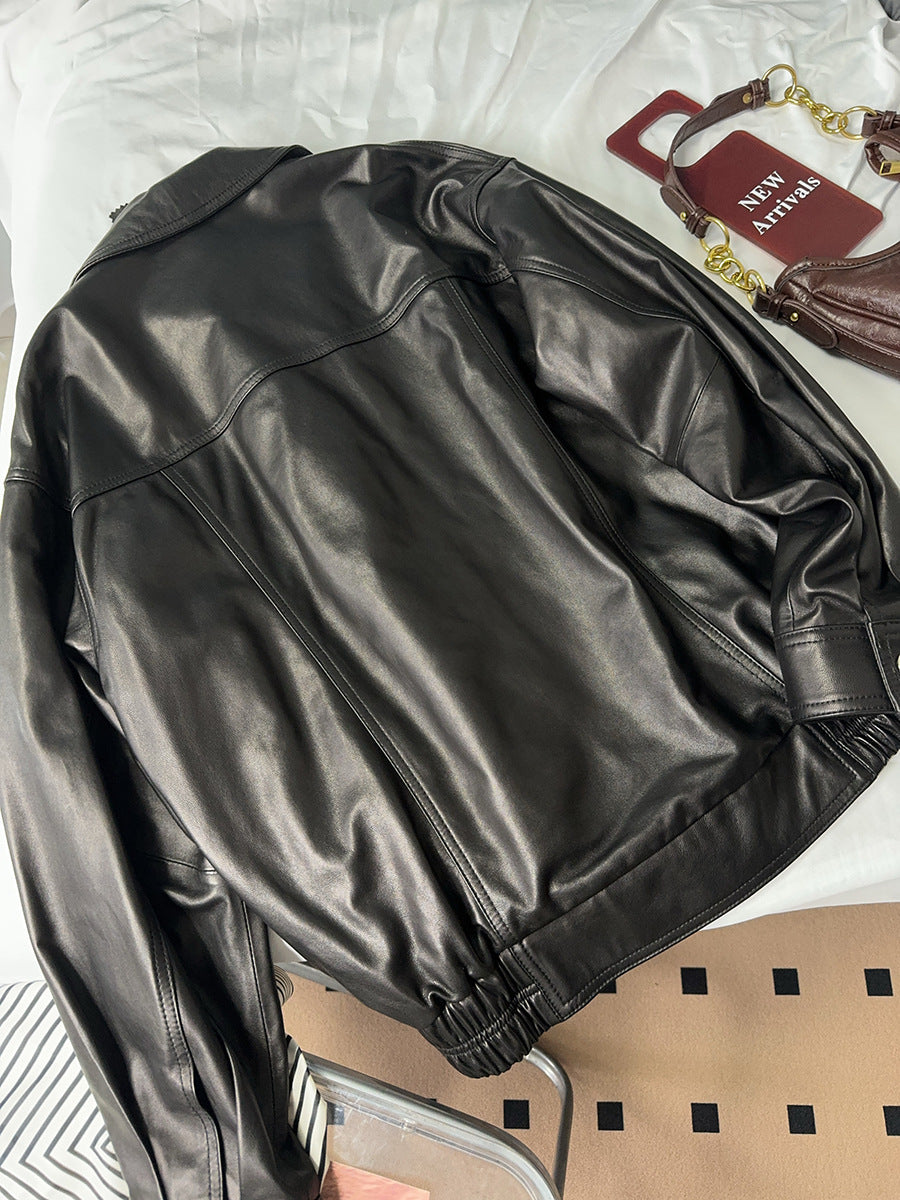 Women Loose Fit Genuine Leather Flight Jacket