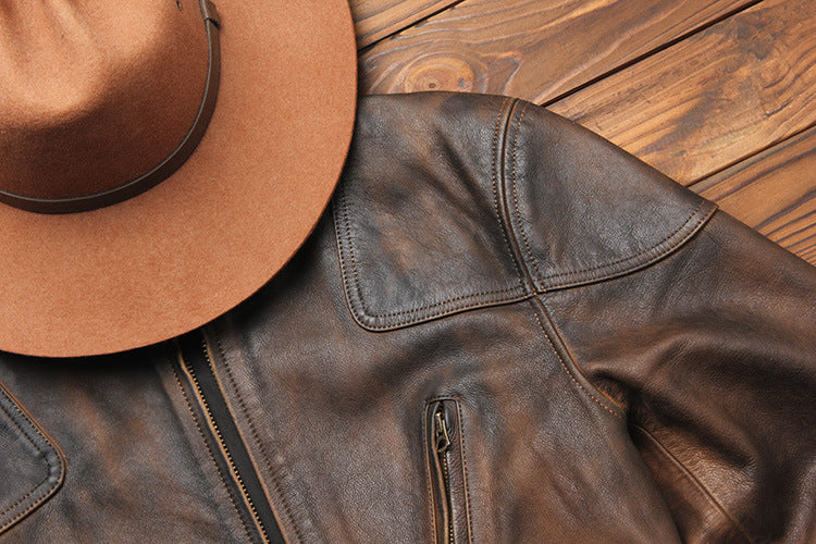 Top-grain distressed leather biker jacket