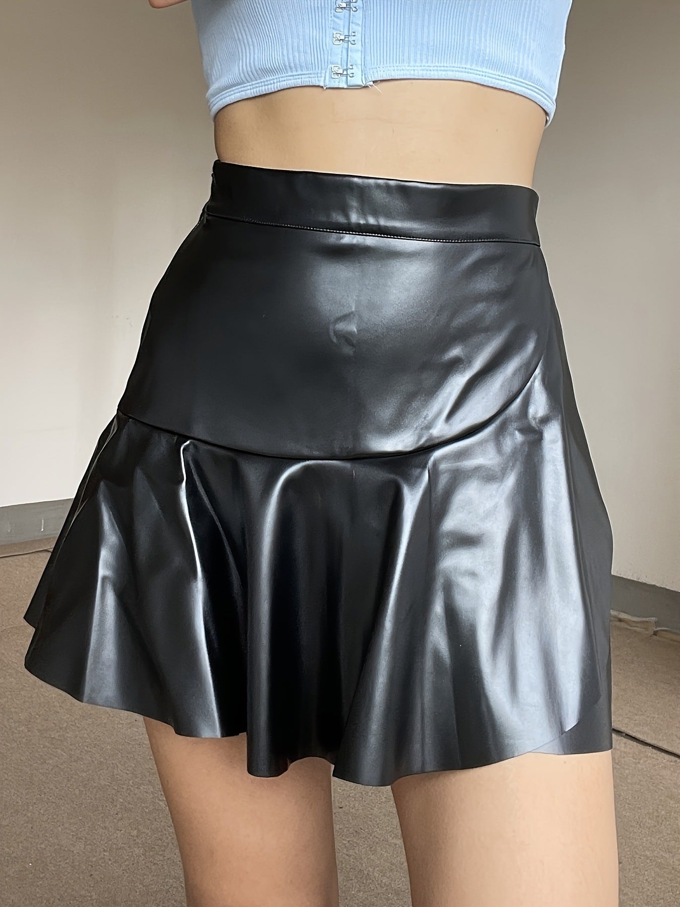 Black PU leather mini skirt high waist ruffle hem