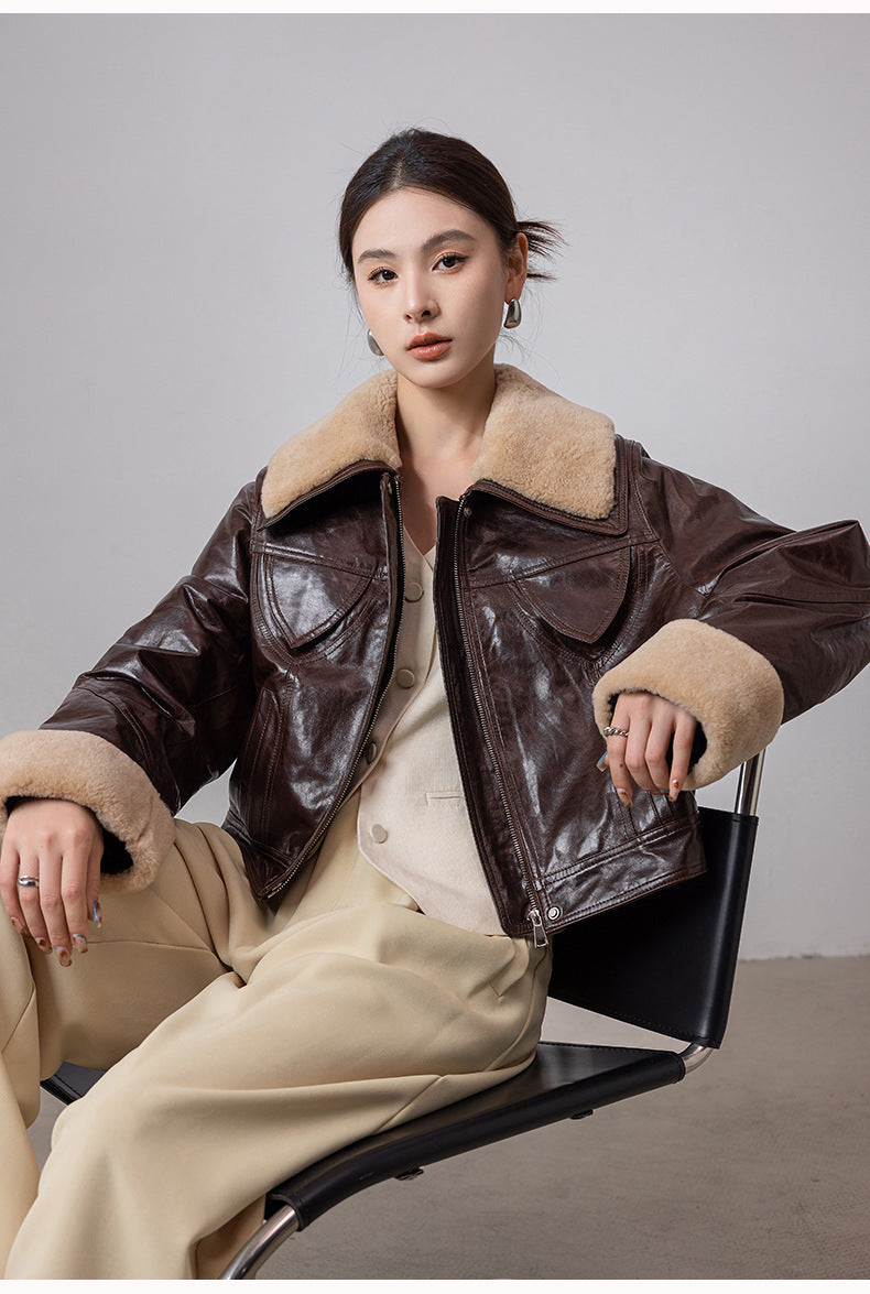 Women shearling collar oil-waxed down leather jacket