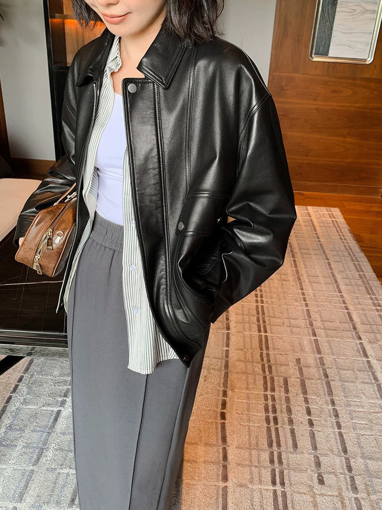 Women Loose Fit Genuine Leather Flight Jacket