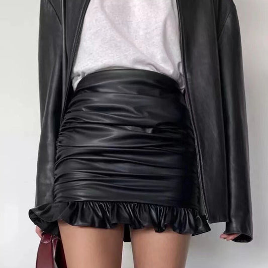 Women genuine leather mini skirt with ruffle