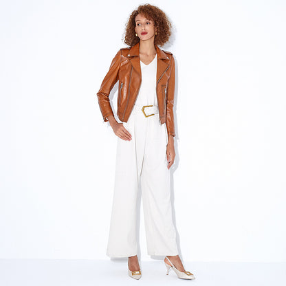 Women slim fit brown leather biker jacket