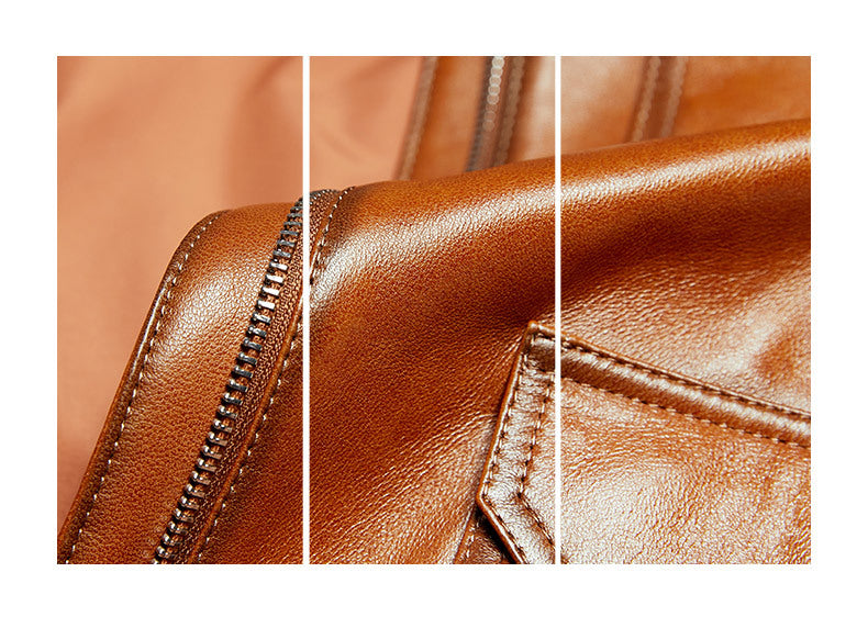 Genuine brown leather slim fit biker jacket