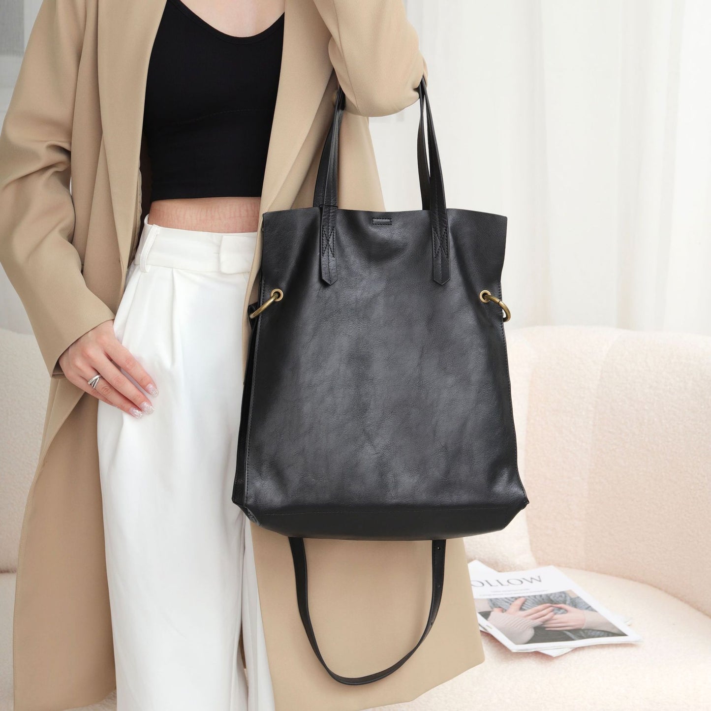 Women Genuine Leather Bucket Shoulder Tote Bag