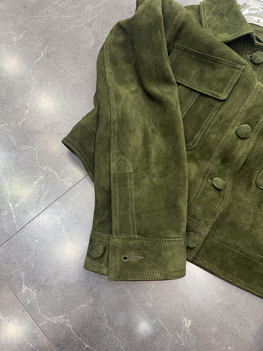 Women's olive goatskin suede pocket jacket