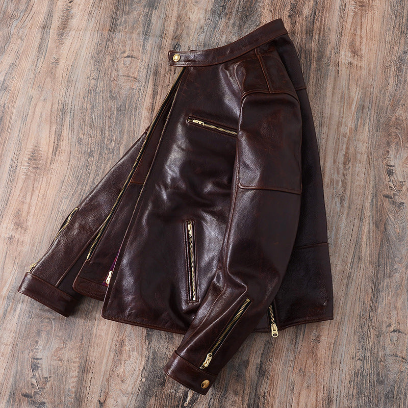 Brown Oil-Waxed Leather Biker Jacket Men