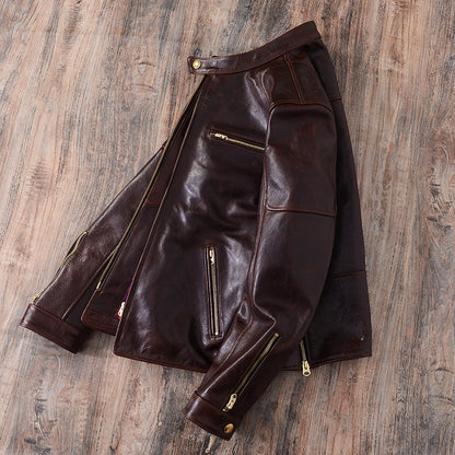 Brown Oil-Waxed Leather Biker Jacket Men