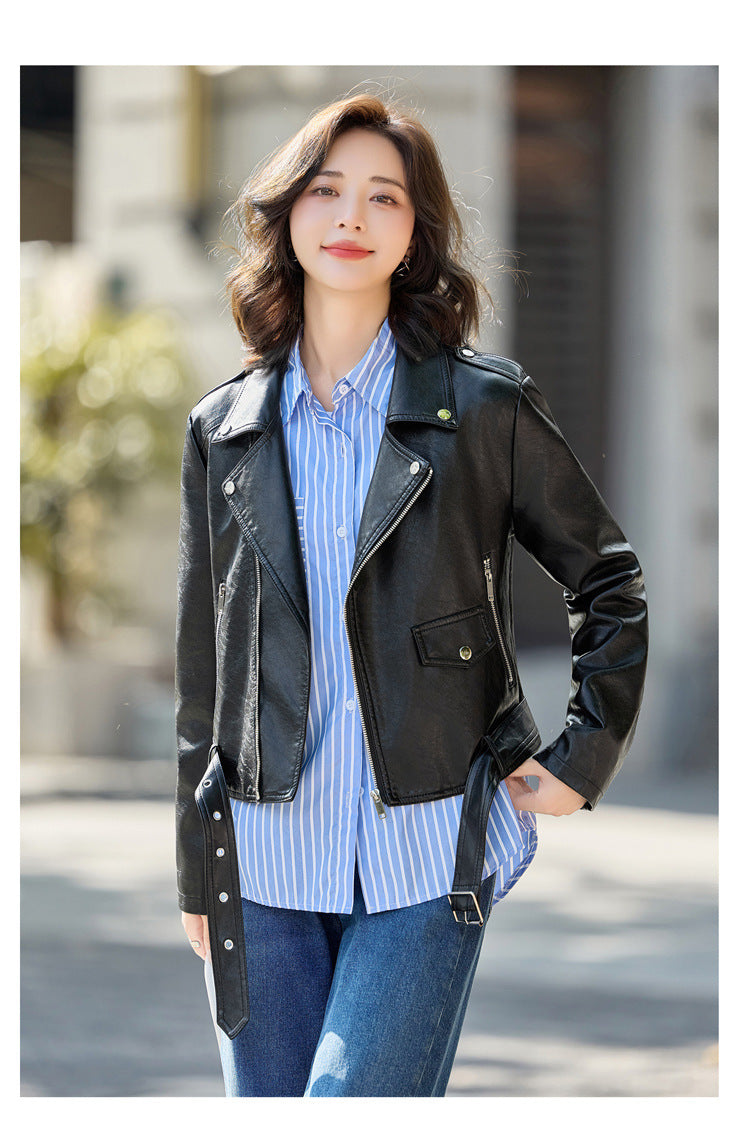 Women’s Genuine Leather Short Moto Jacket