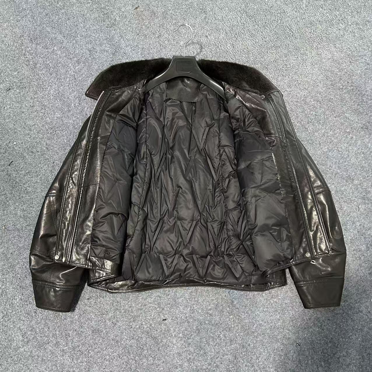 Women leather parka with fur collar