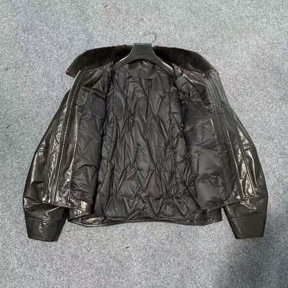 Women leather parka with fur collar