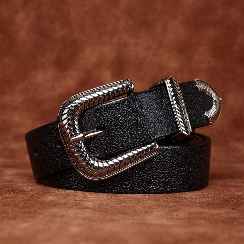 Genuine Leather Belt for Women with Pebbled Texture