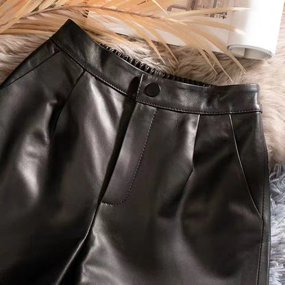 Genuine sheepskin high waisted leather shorts