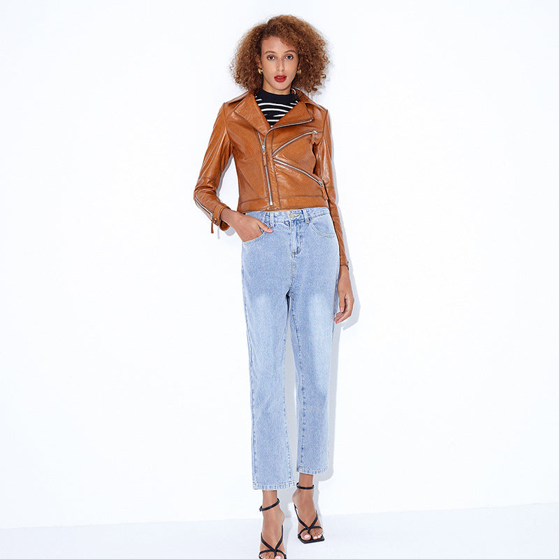 Women slim fit brown biker leather jacket