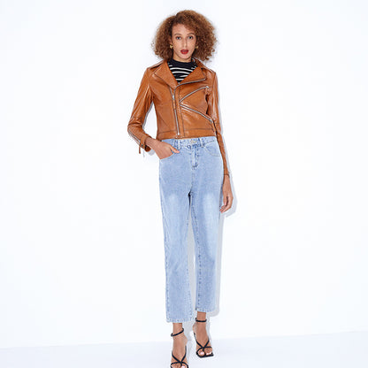 Women slim fit brown biker leather jacket